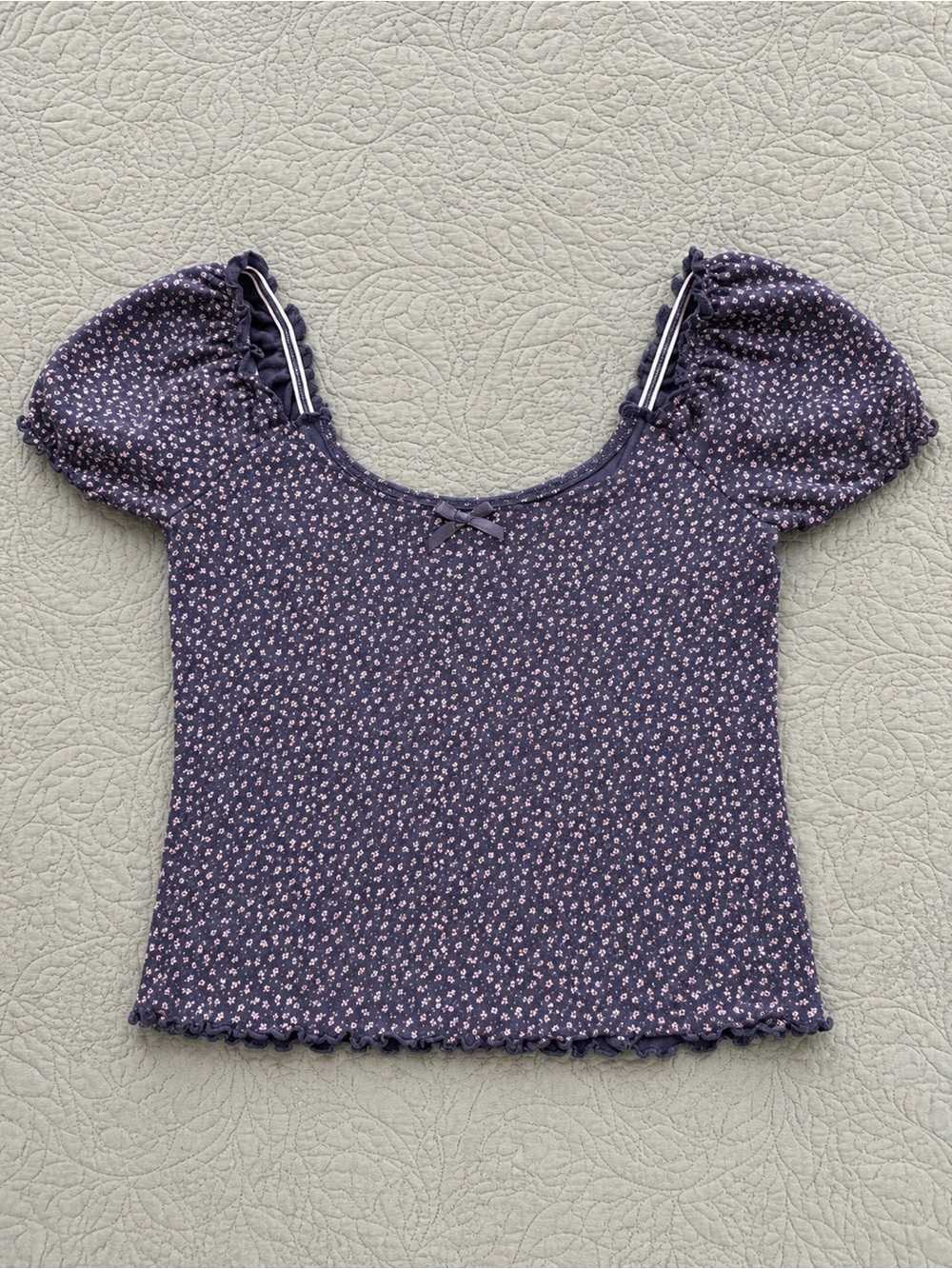 American Eagle Navy Floral Puff Sleeve Baby Tee Size Small Coquette Y2K